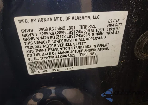2019 Honda Pilot Ex-L from USA, damaged, VIN 5FNYF6H53KB028562